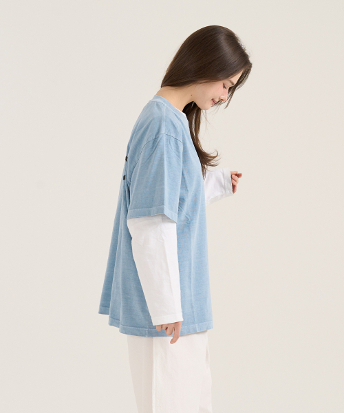 LEVHEARTED(レブハティッド)の「ジオコソスマイルショートシャツ - スカイブルー(Tシャツ/カットソー・レディース・スカイブルー・FREE)」の4枚目の写真