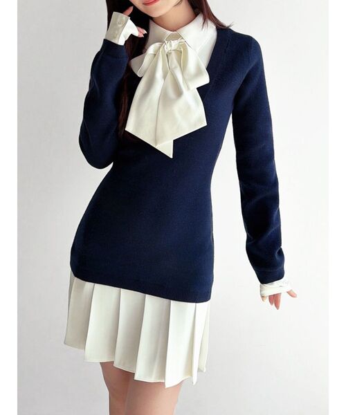 RESEXXY(リゼクシー)の「シャツドッキングニットワンピース(ワンピース・レディース・ブラック/ベージュ/ネイビー・FREE)」の3枚目の写真