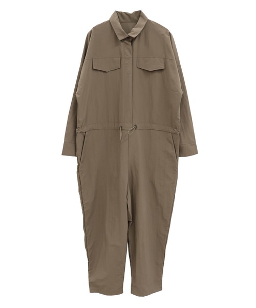 ISOOK（アイスー）の「ナイロンライクジャンプスーツ(comochi select) / オールインワン つなぎ ウエストゴム ドロスト ドローコード ハイウエスト フルレングス 長袖 パンツ 春服 ブラック ベージュ（つなぎ/オールインワン・レディース・ブラック/ベージュ・FREE）」の14枚目の写真