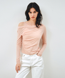 [SET] ワンショルダードレーピングレイヤードTシャツ ピーチピンク MDTS088PEACHPINK