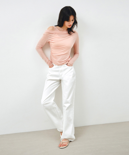 MONGDOL（モンドル）の「[SET] ワンショルダードレーピングレイヤードTシャツ ピーチピンク MDTS088PEACHPINK（Tシャツ/カットソー・レディース・その他・F）」の2枚目の写真