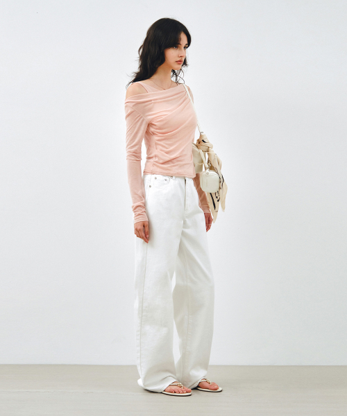 MONGDOL（モンドル）の「[SET] ワンショルダードレーピングレイヤードTシャツ ピーチピンク MDTS088PEACHPINK（Tシャツ/カットソー・レディース・その他・F）」の3枚目の写真