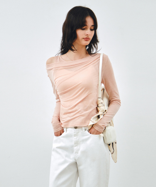 MONGDOL（モンドル）の「[SET] ワンショルダードレーピングレイヤードTシャツ ピーチピンク MDTS088PEACHPINK（Tシャツ/カットソー・レディース・その他・F）」の4枚目の写真
