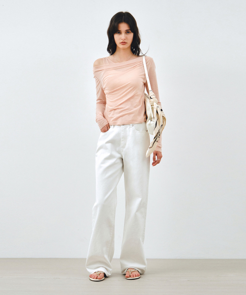 MONGDOL（モンドル）の「[SET] ワンショルダードレーピングレイヤードTシャツ ピーチピンク MDTS088PEACHPINK（Tシャツ/カットソー・レディース・その他・F）」の5枚目の写真
