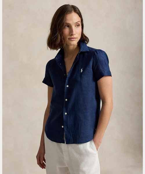 POLO RALPH LAUREN(ポロ ラルフ ローレン)の「リネン ショートスリーブ シャツ(シャツ/ブラウス・レディース・ネイビー系1・S/XS/XXS/L/M)」の1枚目の写真