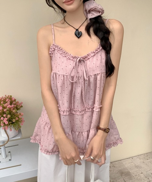 Achic(アシック)の「ギャザーフリルティアードキャミチュニック ヘアゴム付きでお得(キャミソール・レディース・ダークグレー/ピンク/アイボリー・M)」の3枚目の写真