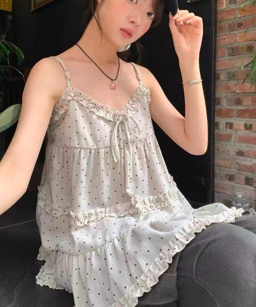Achic(アシック)の「ギャザーフリルティアードキャミチュニック ヘアゴム付きでお得(キャミソール・レディース・ダークグレー/ピンク/アイボリー・M)」の15枚目の写真