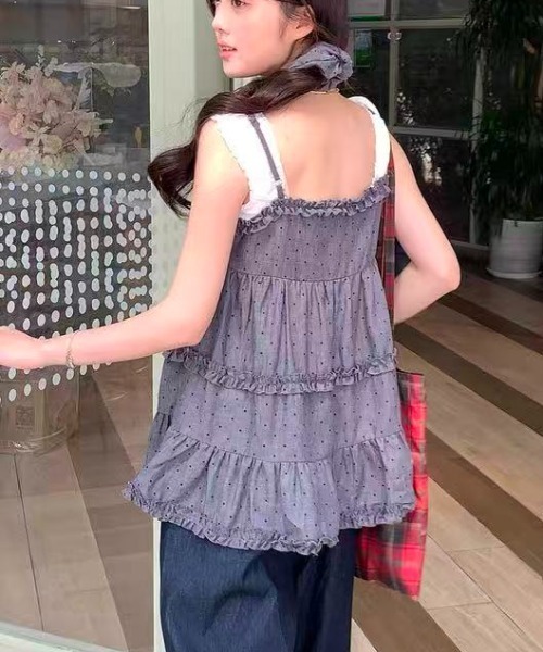 Achic(アシック)の「ギャザーフリルティアードキャミチュニック ヘアゴム付きでお得(キャミソール・レディース・ダークグレー/ピンク/アイボリー・M)」の4枚目の写真