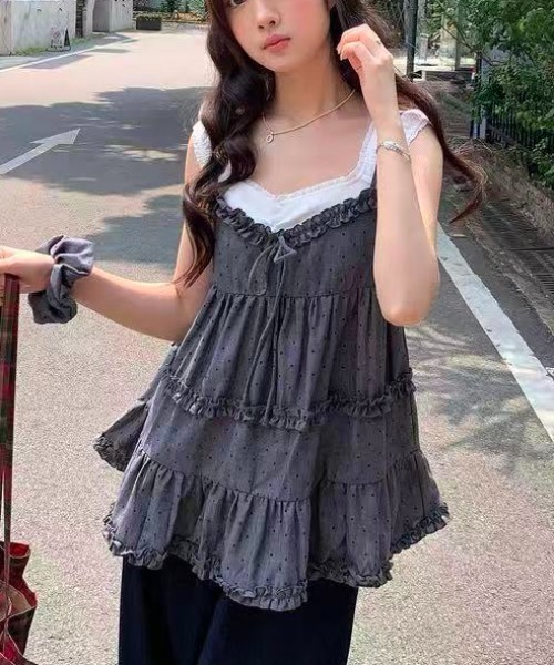 Achic(アシック)の「ギャザーフリルティアードキャミチュニック ヘアゴム付きでお得(キャミソール・レディース・ダークグレー/ピンク/アイボリー・M)」の6枚目の写真
