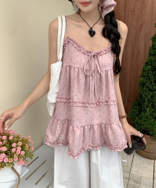 Achic(アシック)の「ギャザーフリルティアードキャミチュニック ヘアゴム付きでお得(キャミソール・レディース・ダークグレー/ピンク/アイボリー・M)」の14枚目の写真