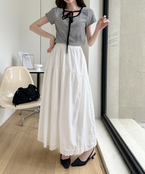 Ada.(エイダ)の「裾レーストリミング 切替 ギャザー ロング スカート(スカート・レディース・ブルー/ブラック/ホワイト・FREE)」の9枚目の写真
