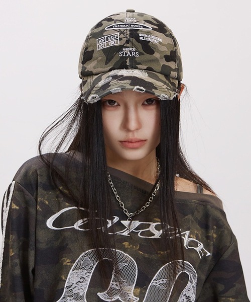 セール】ユニセックス ヴィンテージ カモフラ柄 ダメージキャップ