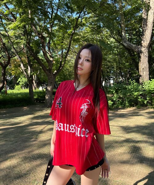 DAUSPICE(ディーオスピス)の「BB STRIPE FOOTBALL JERSEY Red(Tシャツ/カットソー・レディース・レッド・MEDIUM/LARGE)」の4枚目の写真
