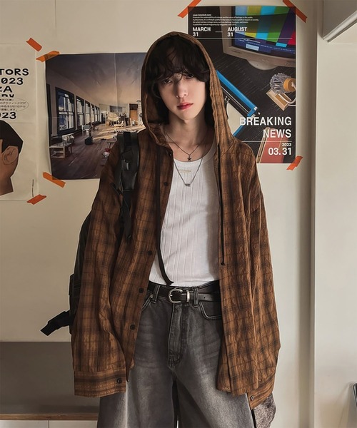 WESTBOY(ウエストボーイ)の「Y2K チェック フード付き オーバーサイズシャツ WO26S13TP06(シャツ/ブラウス・メンズ・ブラウン/グレー/ホワイト/ブルー・XXL/XL)」の14枚目の写真