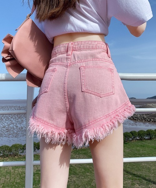 ピンクグラフィック デニムパンツ セール】フリンジ デニムショーツ（デニムパンツ）｜Ritzy（リッツィー
