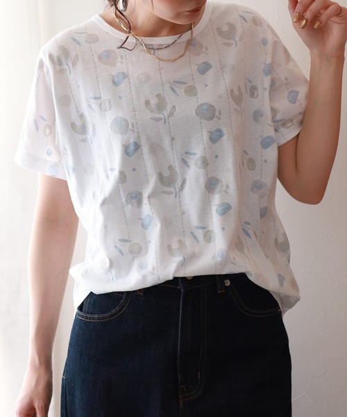 Emago（イマゴ）の「EMAGO 花ｵﾊﾟｰﾙﾌﾟﾘﾝﾄﾚｷﾞｭﾗｰT 半袖（Tシャツ/カットソー・レディース・ホワイト・FREE）」の6枚目の写真