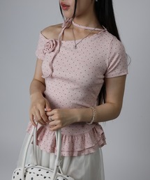 HOOK for girls ドット × ペプラムフリル ローズコサージュ付き 半袖 トップス (SS)