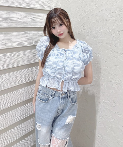 one way(ワンウェイ)の「2WAYシャーリングブラウス(Tシャツ/カットソー・レディース・ブラック/ホワイト/ブルー・FREE)」の9枚目の写真