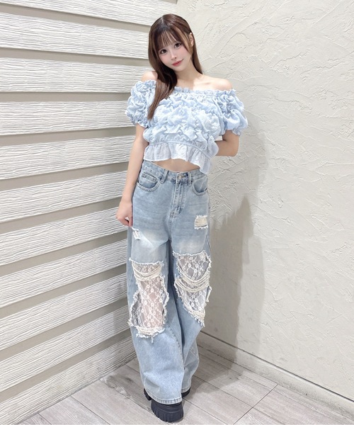 one way(ワンウェイ)の「2WAYシャーリングブラウス(Tシャツ/カットソー・レディース・ブラック/ホワイト/ブルー・FREE)」の13枚目の写真