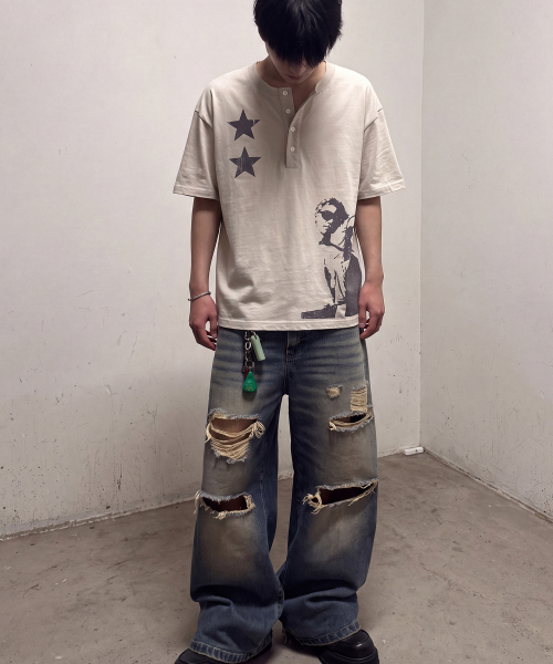 GRAVER（グレーバー）の「[ユニセックス]STAR2 ヘンリーネック半袖Tシャツ 2色（Tシャツ/カットソー・レディース・Beige/チャコールグレー・MEDIUM/LARGE）」の6枚目の写真
