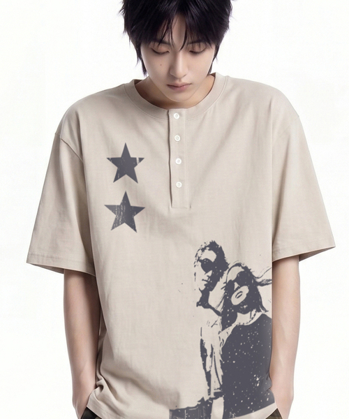GRAVER（グレーバー）の「[ユニセックス]STAR2 ヘンリーネック半袖Tシャツ 2色（Tシャツ/カットソー・レディース・Beige/チャコールグレー・MEDIUM/LARGE）」の10枚目の写真