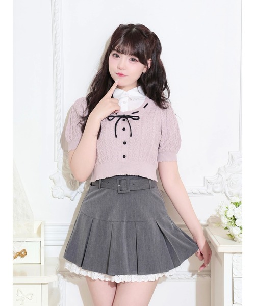 NOEMIE(ノエミー)の「ハートケーブルレイヤードリボンニット(Tシャツ/カットソー・レディース・ダークグレー/ピンク/ブラック・M)」の1枚目の写真