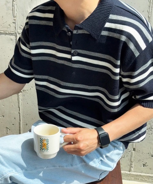 NOWLE(ノウル)の「【NOWLE】レトロマルチボーダー サマーニット ポロシャツ / リラックス ポロニット 半袖 トップス(ポロシャツ・メンズ・ネイビー・X-LARGE/MEDIUM/LARGE)」の3枚目の写真