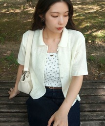 【Airi Select】 メッシュポロニットトップス /半袖ニット ニットトップス メッシュニット サマーニット シアーニット ボタンデザイン クルーネック コンパクトトップス 韓国ファッション カジュアル オフィスカジュアル デイリー 春服 夏服 秋服 アイボリー ピンク ベージュ ブルー ネイビー
