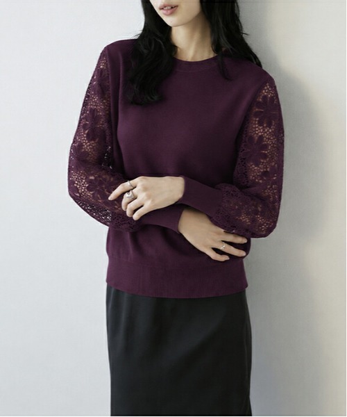 AMELY(エミリー)の「レーススリーブニットトップス/ぽわん袖/体型カバー(ニット/セーター・レディース・カーキブラウン/ピンク/パープル/ブラック/ホワイト/ベージュ・フリー)」の5枚目の写真