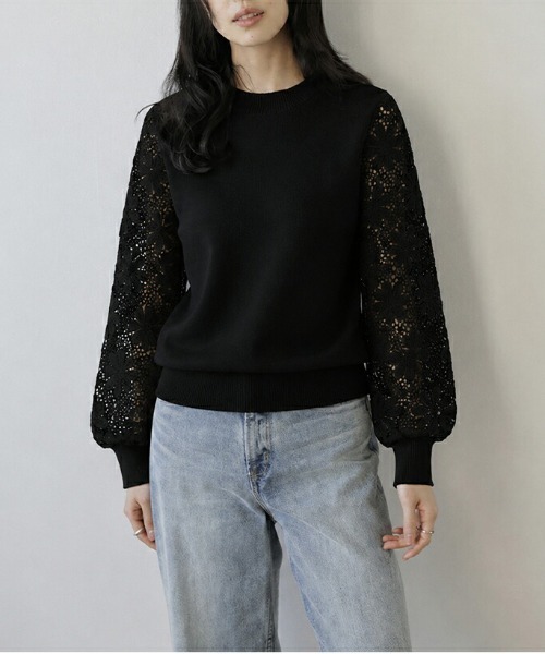 AMELY(エミリー)の「レーススリーブニットトップス/ぽわん袖/体型カバー(ニット/セーター・レディース・カーキブラウン/ピンク/パープル/ブラック/ホワイト/ベージュ・フリー)」の2枚目の写真
