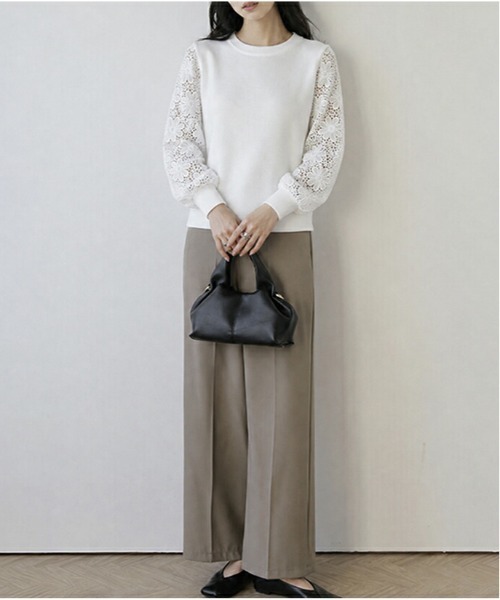 AMELY(エミリー)の「レーススリーブニットトップス/ぽわん袖/体型カバー(ニット/セーター・レディース・カーキブラウン/ピンク/パープル/ブラック/ホワイト/ベージュ・フリー)」の7枚目の写真