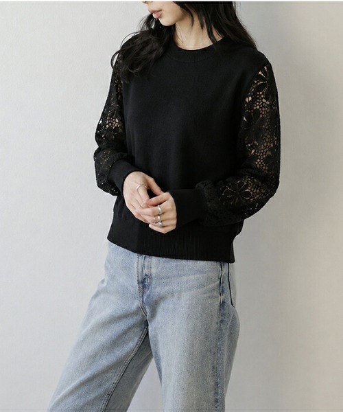 AMELY(エミリー)の「レーススリーブニットトップス/ぽわん袖/体型カバー(ニット/セーター・レディース・カーキブラウン/ピンク/パープル/ブラック/ホワイト/ベージュ・フリー)」の8枚目の写真