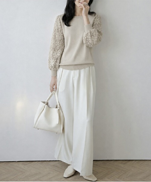AMELY(エミリー)の「レーススリーブニットトップス/ぽわん袖/体型カバー(ニット/セーター・レディース・カーキブラウン/ピンク/パープル/ブラック/ホワイト/ベージュ・フリー)」の10枚目の写真