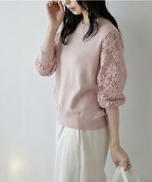 AMELY(エミリー)の「レーススリーブニットトップス/ぽわん袖/体型カバー(ニット/セーター・レディース・カーキブラウン/ピンク/パープル/ブラック/ホワイト/ベージュ・フリー)」の13枚目の写真