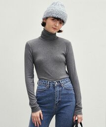 ソフトリブタートルネックTシャツ - グレー