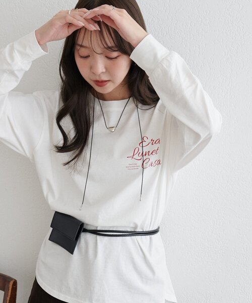 DISCOAT（ディスコート）の「【WEB限定】ゆる袖ロゴプリントロンＴシャツ（Tシャツ/カットソー・レディース・オフホワイト/チャコールグレー/グレー・FREE）」の5枚目の写真