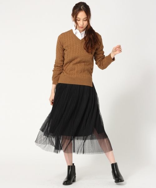 GLOBAL WORK（グローバルワーク）の「【洗えるニット】14ゲージコットンカシミヤケーブルVプルオーバー/719926（ニット/セーター・レディース・ネイビー/ホワイト/ブラウン/グレー・SMALL/LARGE/MEDIUM）」の8枚目の写真