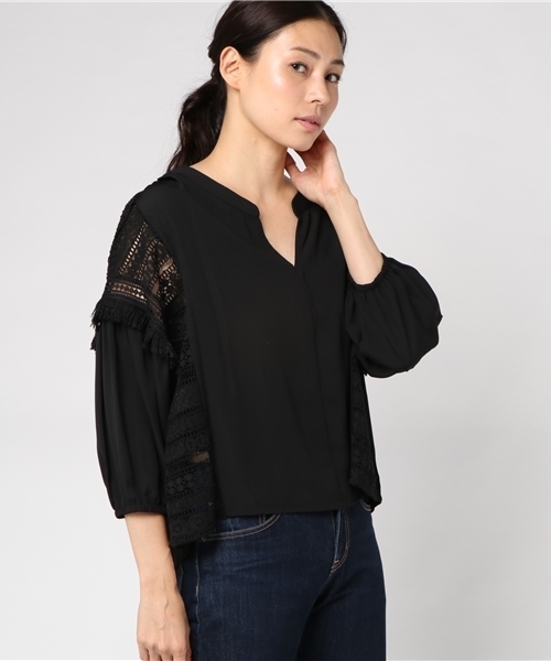 INTERPLANET（インタープラネット）の「フリンジレース切替ブラウス（シャツ/ブラウス・レディース・オフホワイト/ブラック・FREE）」の2枚目の写真