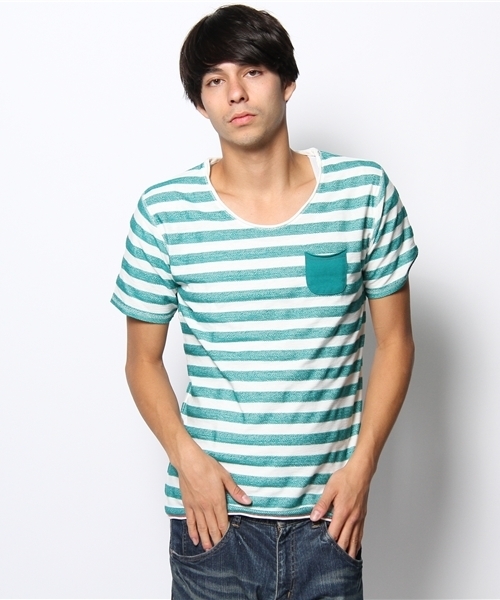 WEGO（ウィゴー）の「WEGO/ヘリンボーンボーダーTee（S）（Tシャツ/カットソー・メンズ・グリーン系その他/その他1/トリコロール/ネイビー・LARGE/MEDIUM）」の2枚目の写真