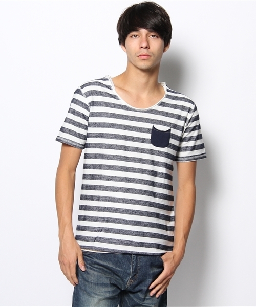 WEGO（ウィゴー）の「WEGO/ヘリンボーンボーダーTee（S）（Tシャツ/カットソー・メンズ・グリーン系その他/その他1/トリコロール/ネイビー・LARGE/MEDIUM）」の3枚目の写真