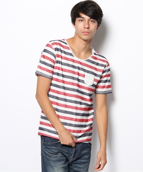 WEGO（ウィゴー）の「WEGO/ヘリンボーンボーダーTee（S）（Tシャツ/カットソー・メンズ・グリーン系その他/その他1/トリコロール/ネイビー・LARGE/MEDIUM）」の4枚目の写真