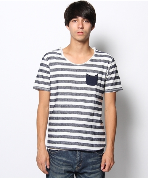 WEGO（ウィゴー）の「WEGO/ヘリンボーンボーダーTee（S）（Tシャツ/カットソー・メンズ・グリーン系その他/その他1/トリコロール/ネイビー・LARGE/MEDIUM）」の5枚目の写真