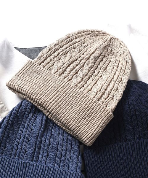 SHIPS（シップス）の「SU: コットンリネン ケーブル ワッチキャップ（ニットキャップ/ビーニー・メンズ・ベージュ/ネイビー/ライトブルー・ONE SIZE）」の2枚目の写真