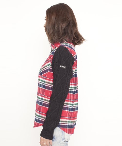 X-girl（エックスガール）の「KNIT SLEEVE SHIRT（シャツ/ブラウス・レディース・レッド/ピンク/ブルー・1/2）」の4枚目の写真