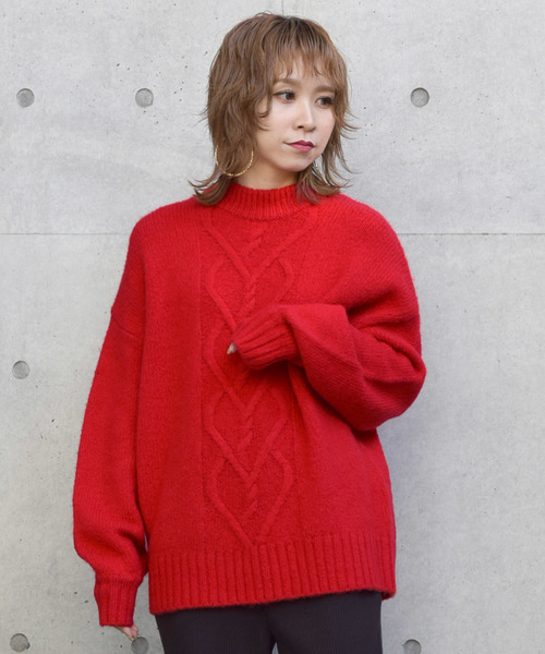 w closet(ダブルクローゼット)の「ケーブル編みハイネックプルオーバー_(ニット/セーター・レディース・レッド/サックスブルー/ベージュ・FREE)」の3枚目の写真