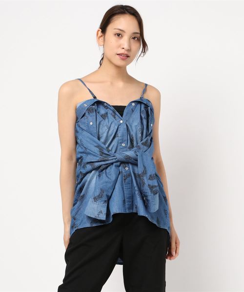 GGD（ジージーディー）の「Roger&Raw/デニム羽根プリント３WAYシャツ（シャツ/ブラウス・レディース・サックスブルー/ブルー・M）」の6枚目の写真