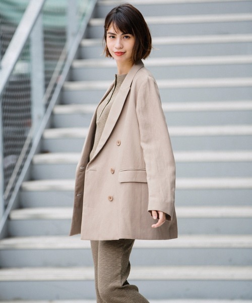 Munich（ミューニック）の「トリアセテートリネンツイルダブルブレストジャケット（テーラードジャケット・レディース・ブラウン/ブラック/グレイッシュベージュ・S/XS）」の3枚目の写真