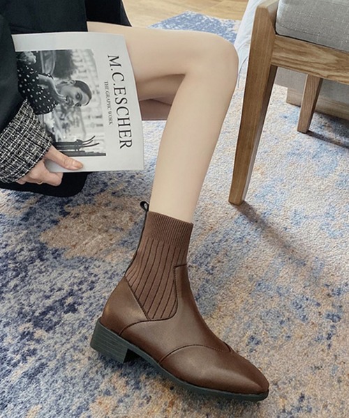 SMILE ORCHID(スマイルオーキッド)の「スクエアトゥニット ショートブーツ(ブーツ・レディース・ブラウン/ブラック・38/39/36/37)」の6枚目の写真