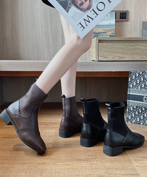 SMILE ORCHID(スマイルオーキッド)の「スクエアトゥニット ショートブーツ(ブーツ・レディース・ブラウン/ブラック・38/39/36/37)」の7枚目の写真