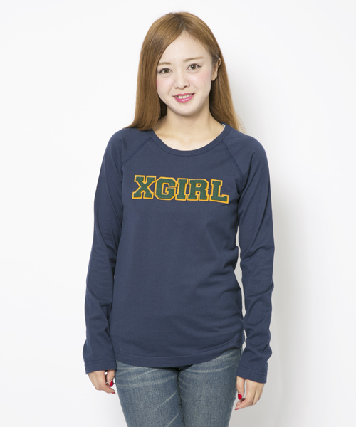 X-girl(エックスガール)の「XGIRL PATCHED B/B TEE(Tシャツ/カットソー・レディース・ブラック/アッシュ/パープル/ネイビー・2/1)」の1枚目の写真